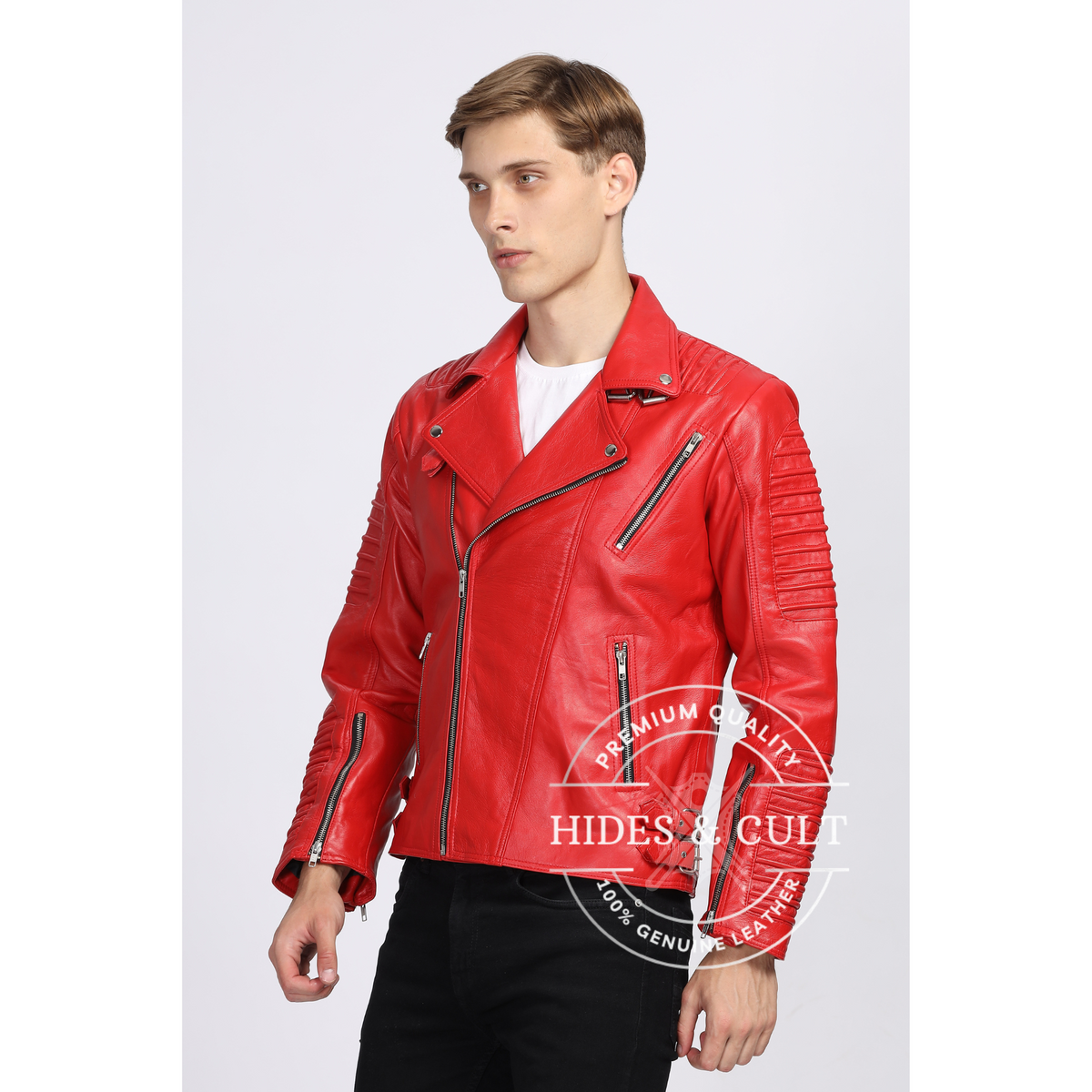 Mens Rich Red Slim Fit Motorcycle Biker Leather Jacket