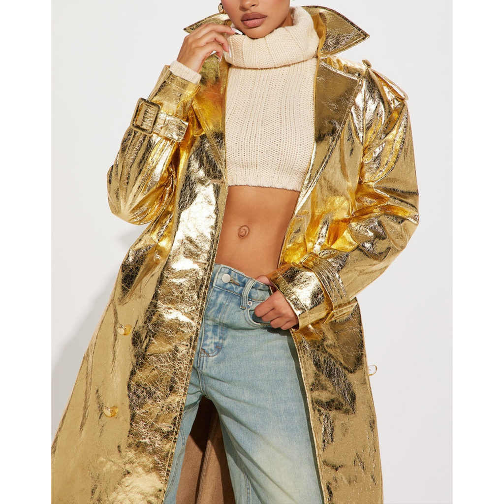 Women's Gold Metallic Foil Effect Double Breasted Real Leather Trench Coat