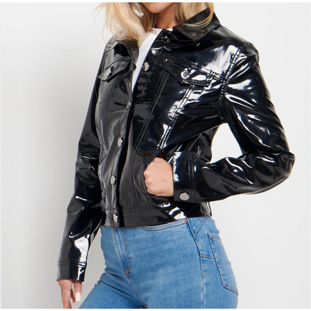 Women's Glossy Black Patent Denim Style Genuine Leather Jacket