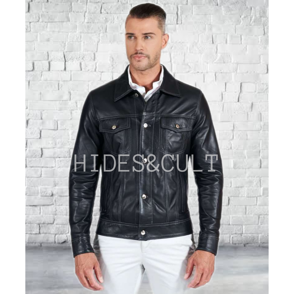 Mens Black Slim Fit Denim Trucker Leather Jacket