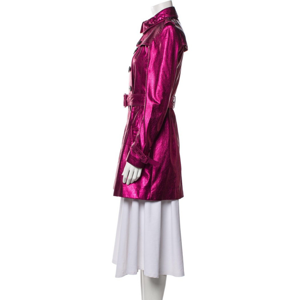 Womens Fuchsia Pink Metallic Foil Effect Double Breasted Real Leather Trench Coat