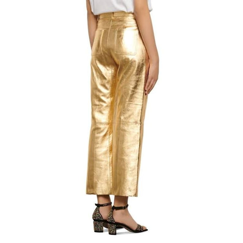 Women's Gold Metallic Foil Effect Straight Leg Genuine Leather Pants
