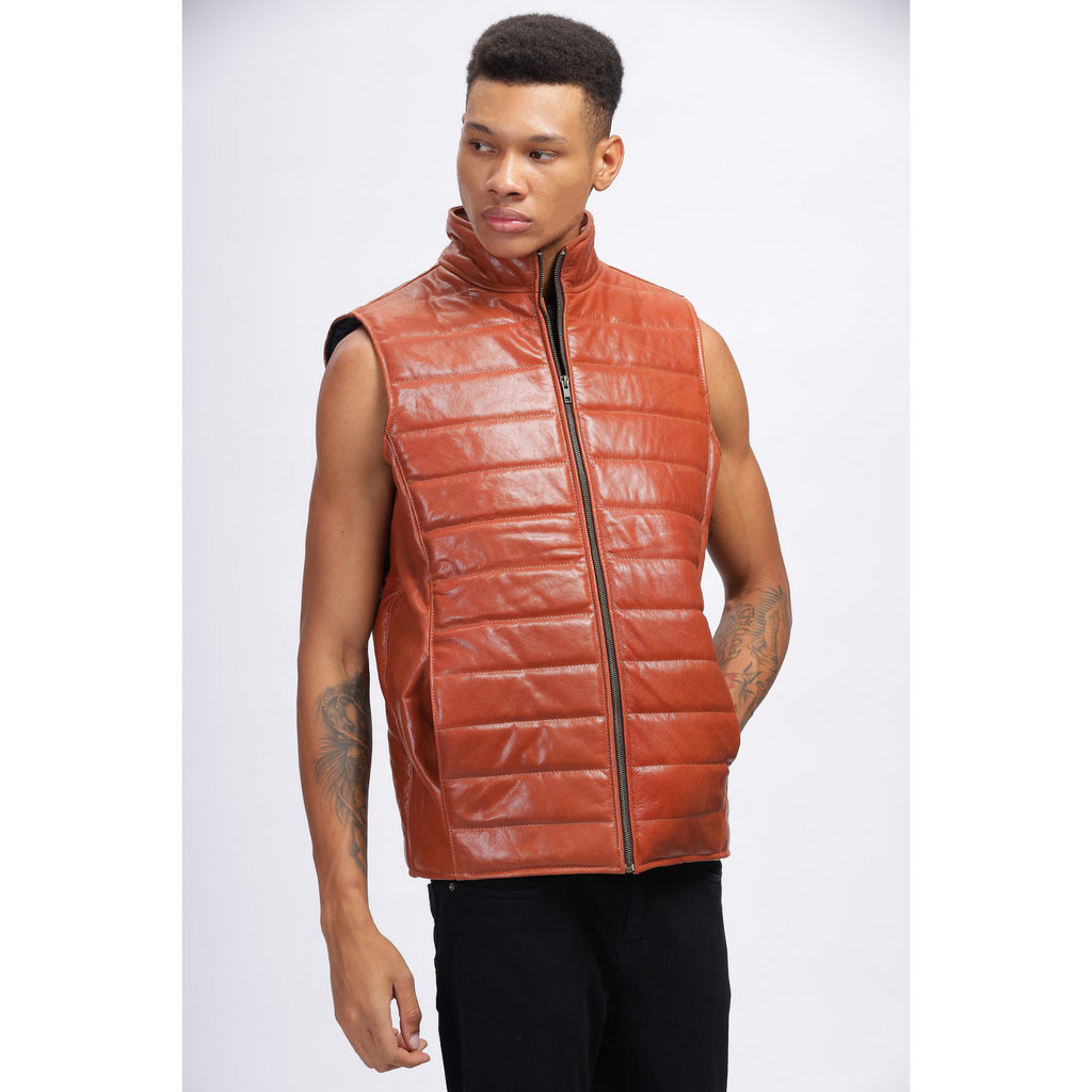 Mens Vintage Crunch Tan Puffer Style Crackle Leather Down Vest Jacket