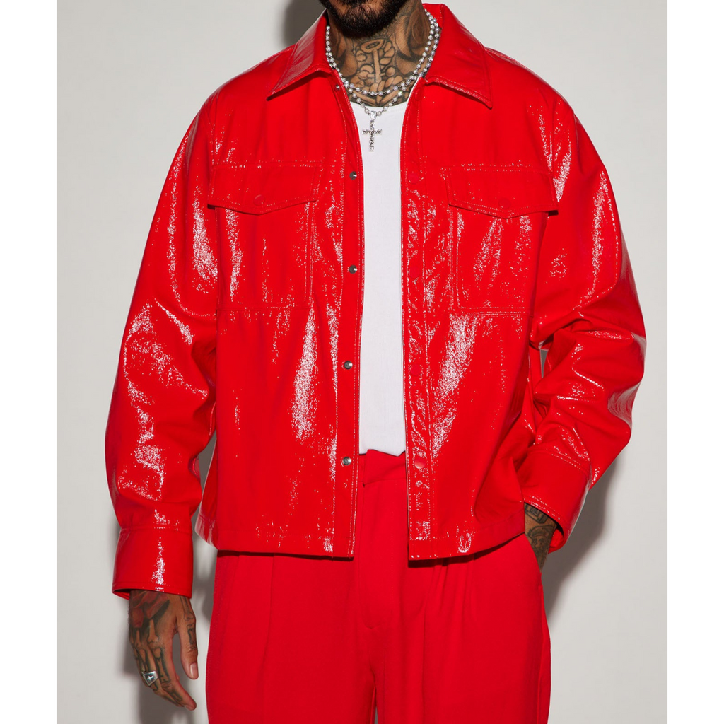 Men's Red Vinyl Effect Patent Genuine Leather Shirt - also available in Green