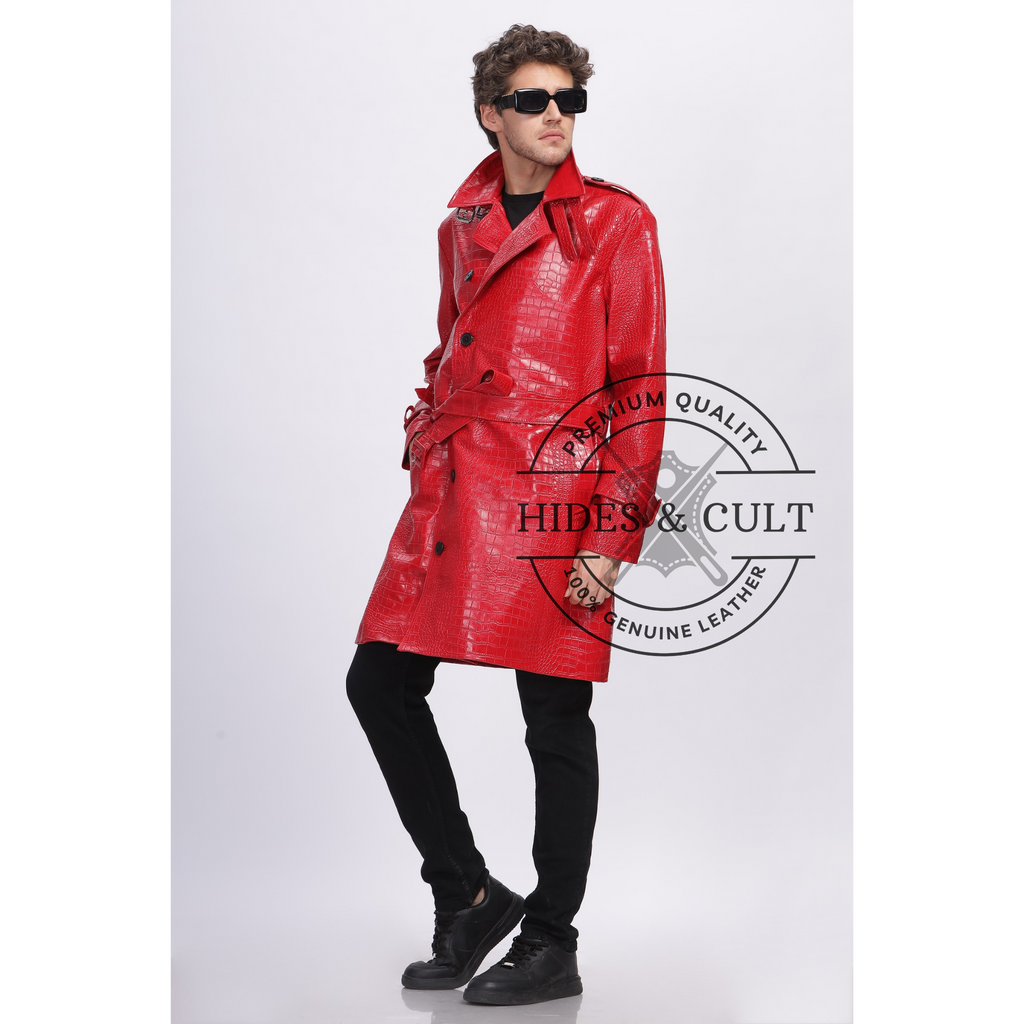 Mens Rich Red Croc Leather Trench