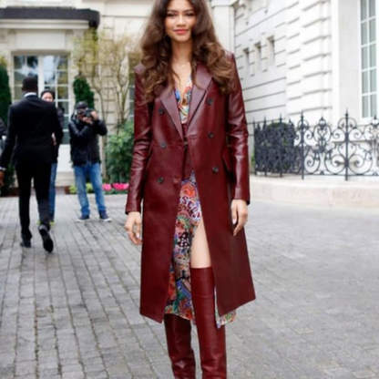 Zendaya Burgundy Double Breasted Leather Trench Coat