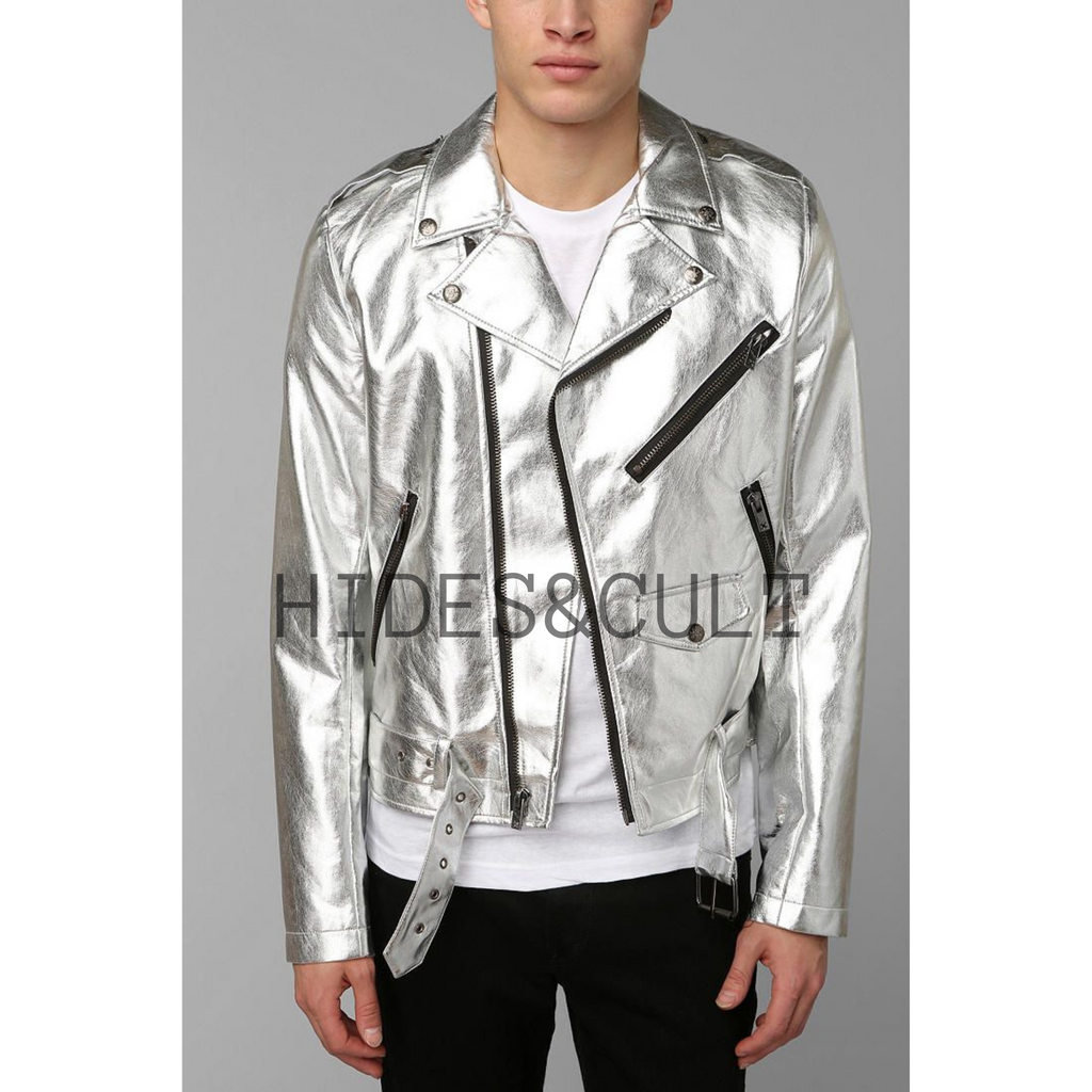 Mens Silver Metallic Foil Effect Slim Fit Motorcycle Biker Leather Jacket