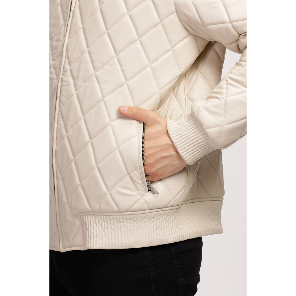Mens Off White Diamond Quilted Bomber Leather Jacket