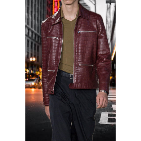 Mens Maroon Red Croc Embossed Effect Leather Jacket