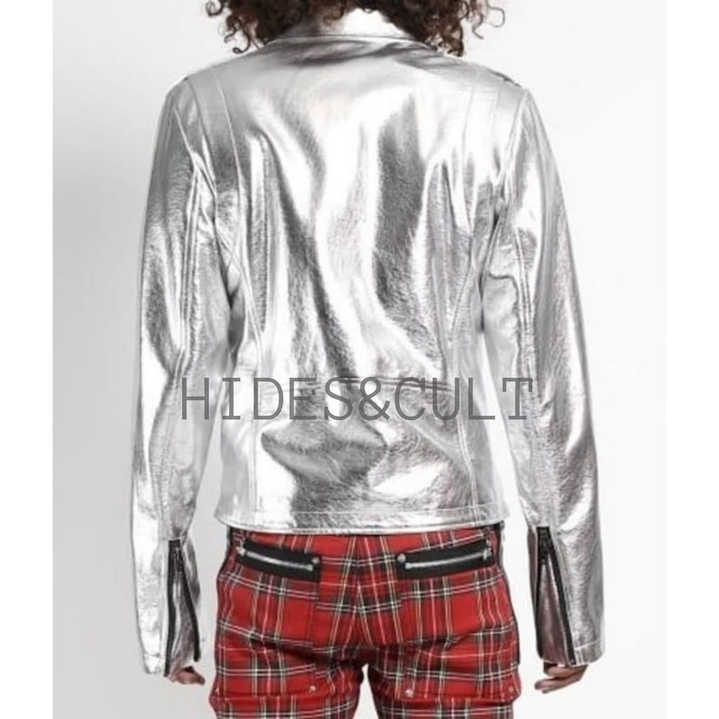 Mens Silver Metallic Foil Effect Slim Fit Motorcycle Biker Leather Jacket