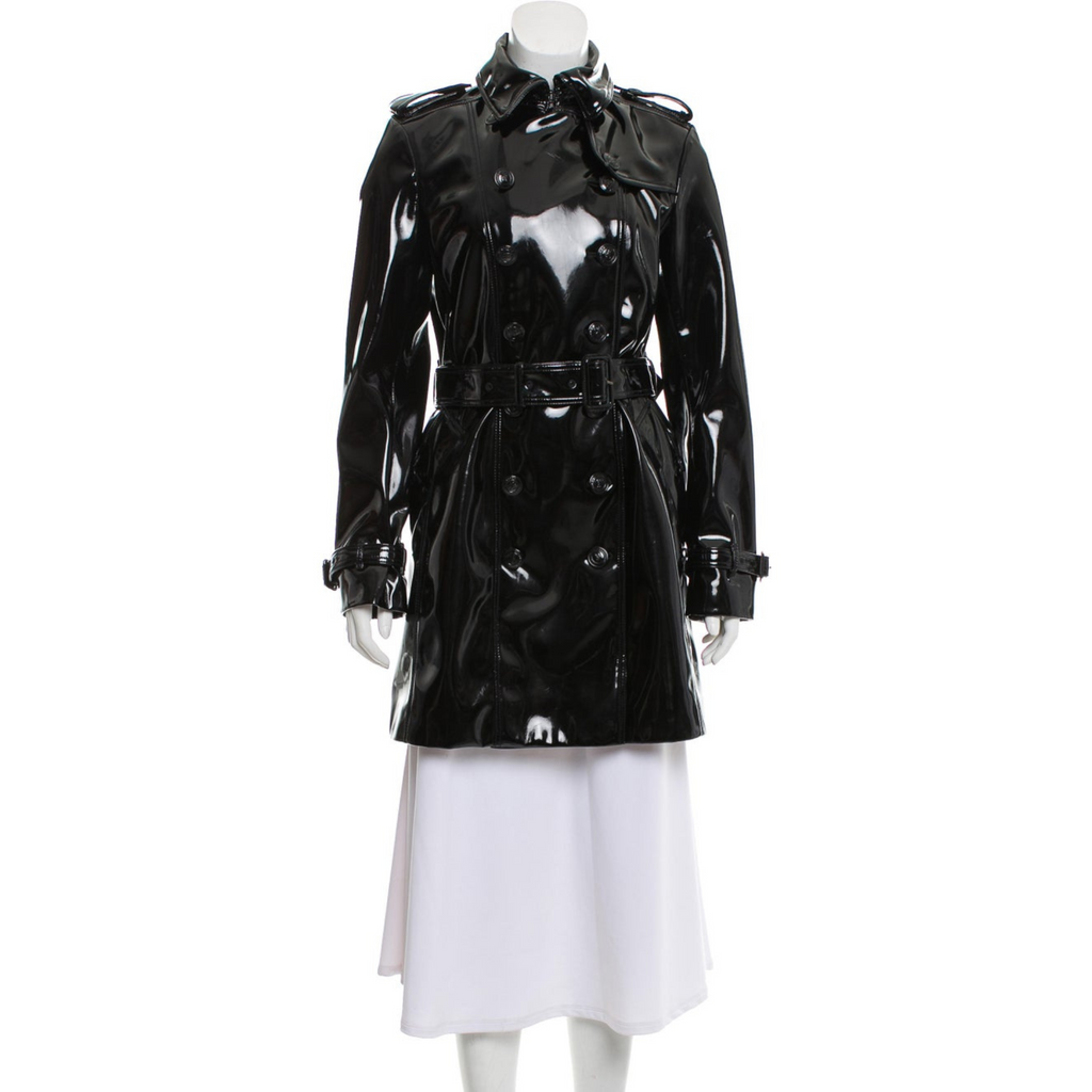 Women's Black Patent Vinyl Effect Double Breasted Real Leather Trench Coat