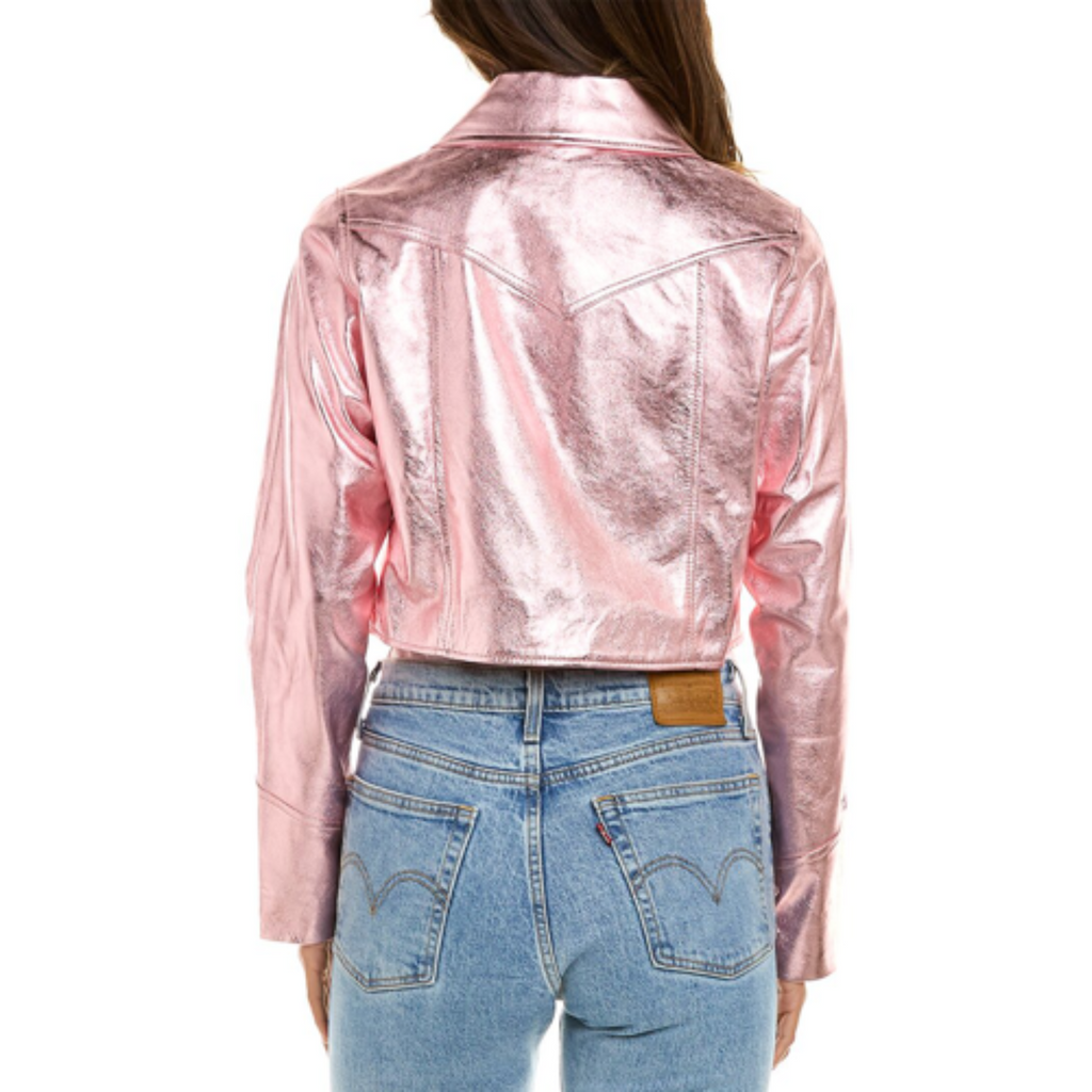 Women's Pink Metallic Foil Cropped Denim Style Leather Jacket