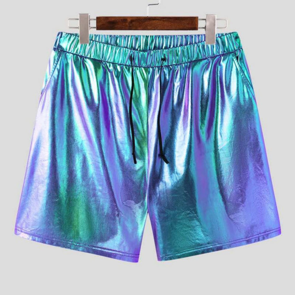 Mens Iridescent Purple Metallic Foil Rave Punk Style Genuine Leather Shorts