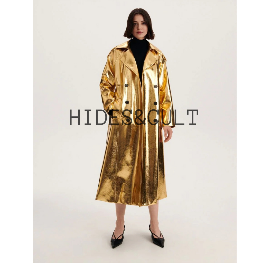 Women's Shiny Yellow Gold Metallic Foil Effect Double Breasted Leather Trench Coat