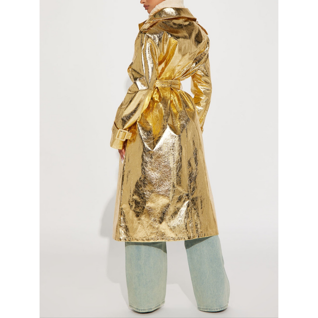 Women's Gold Metallic Foil Effect Double Breasted Real Leather Trench Coat