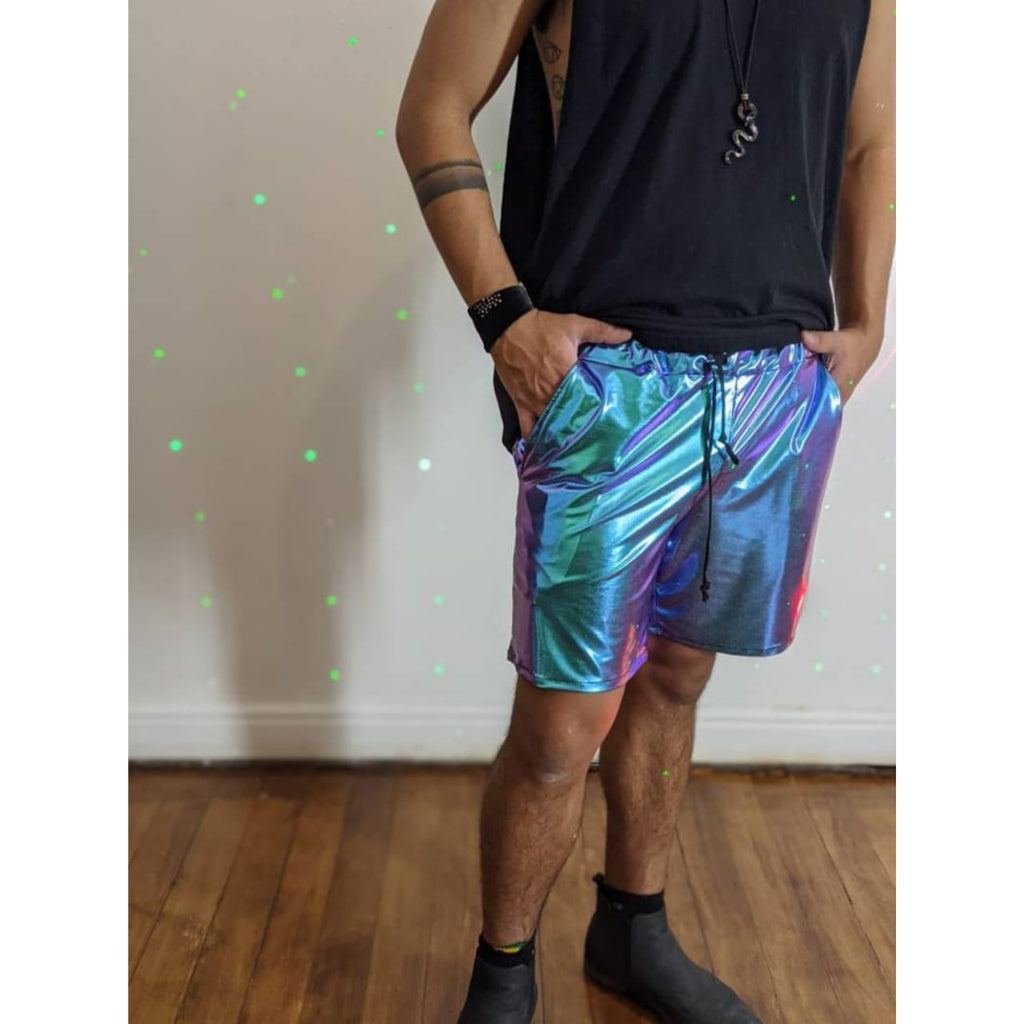 Mens Iridescent Purple Metallic Foil Rave Punk Style Genuine Leather Shorts