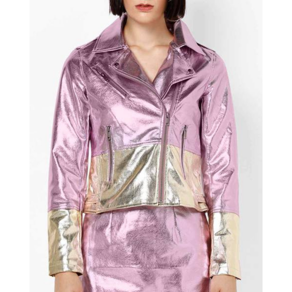 Women's Purple - Gold Two Tone Effect Metallic Foil Motorcycle Biker Leather Jacket