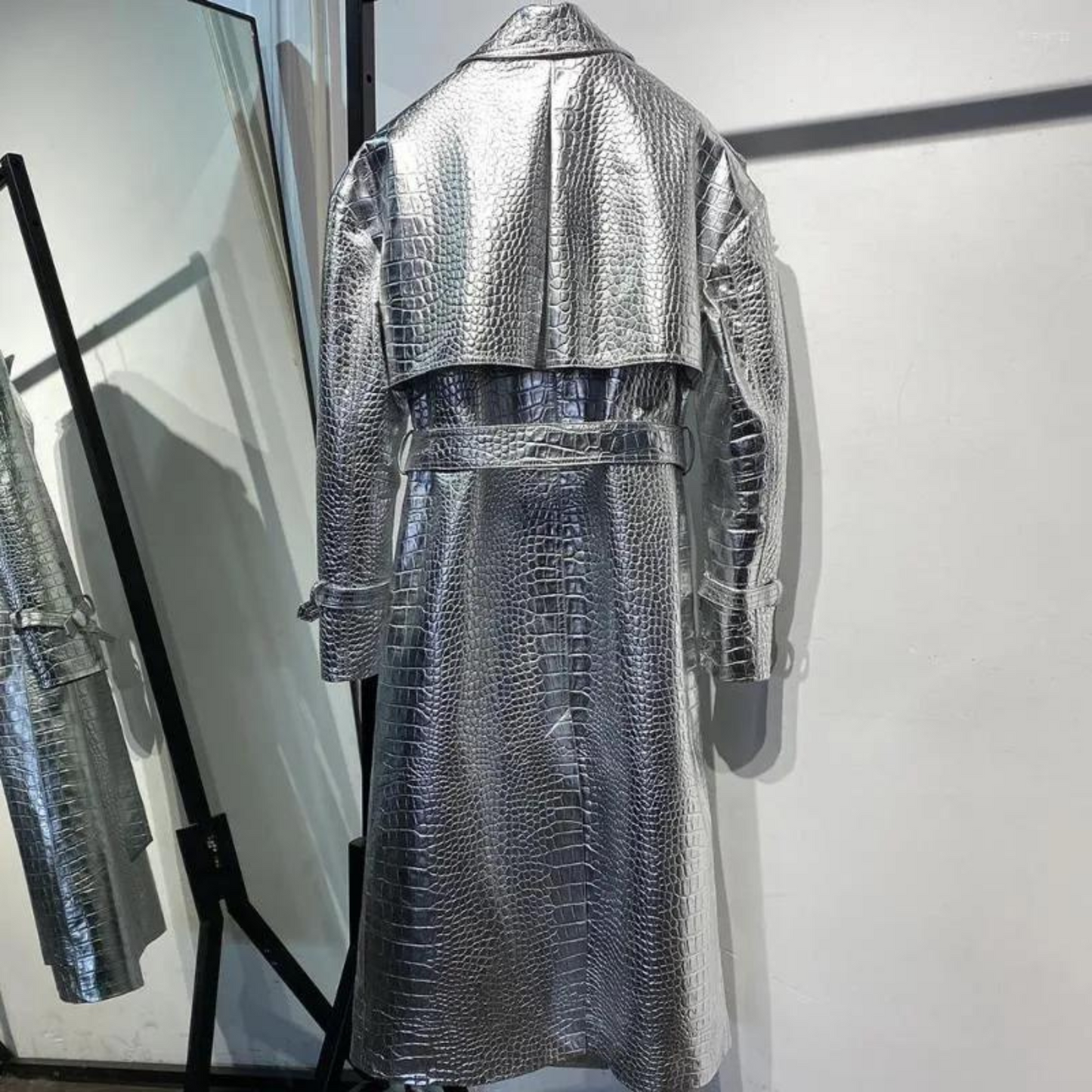 Women's Silver Metallic Foil Croc Embossed Effect Double Breasted Genuine Leather Trench Coat