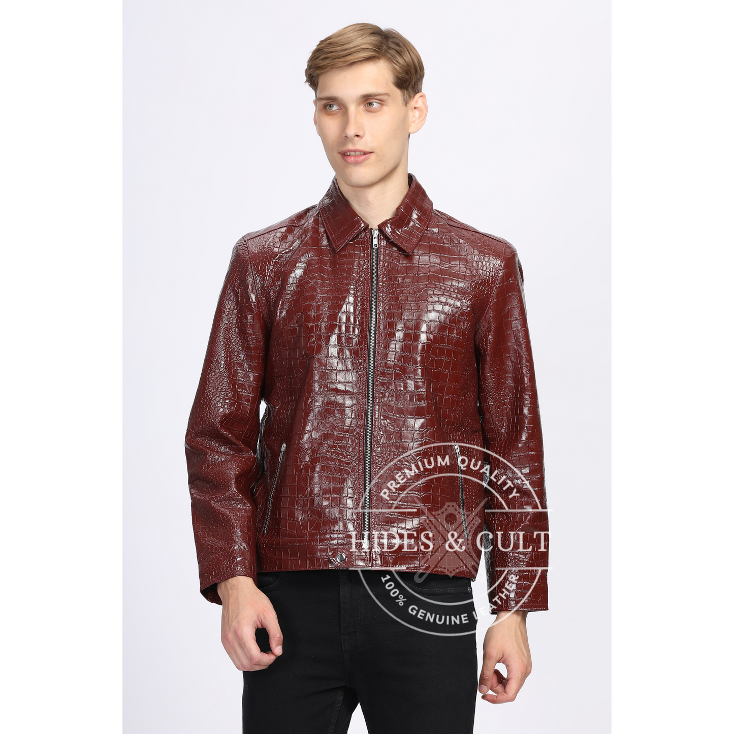 Mens Maroon Croc Detail Leather Jacket