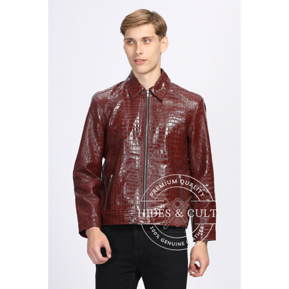 Mens Maroon Croc Detail Leather Jacket