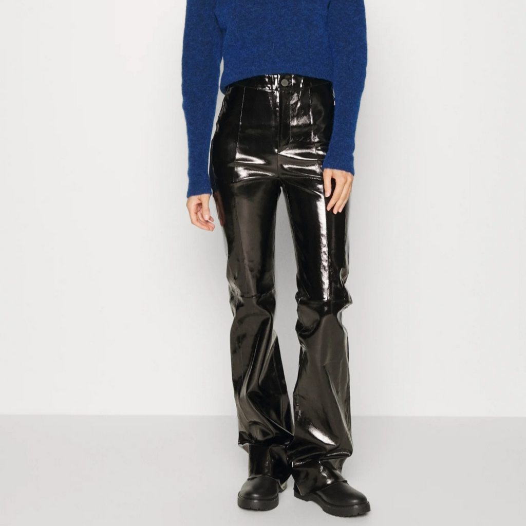Women's Black Patent Vinyl Effect Straight Leg Genuine Leather Pants