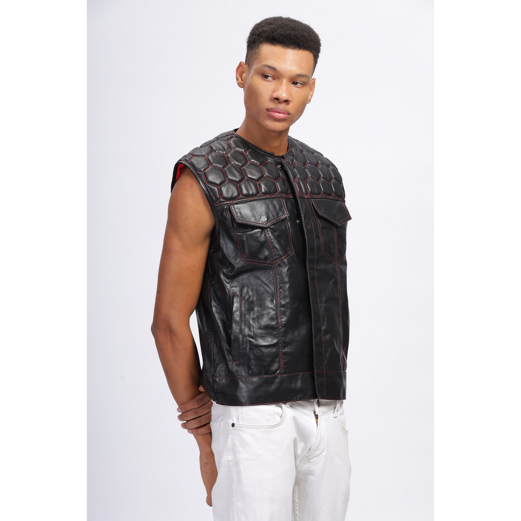 Mens Black Honeycomb Quilted Leather Vest Coat