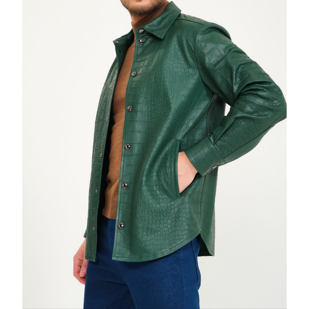 Mens Green Croc Embossed Effect Genuine Lambskin Leather Shirt