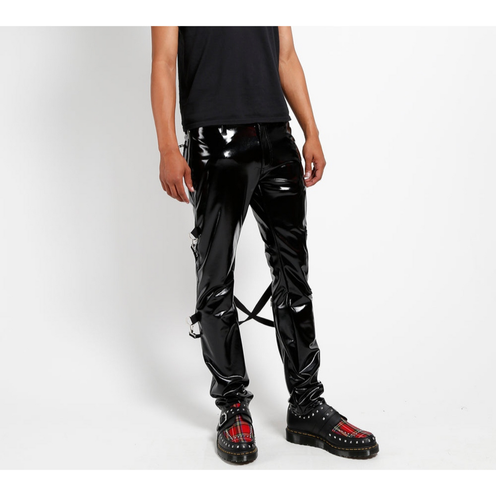 Mens Black Patent Effect Punk Style Zipper Detail Genuine Leather Pant Trouser