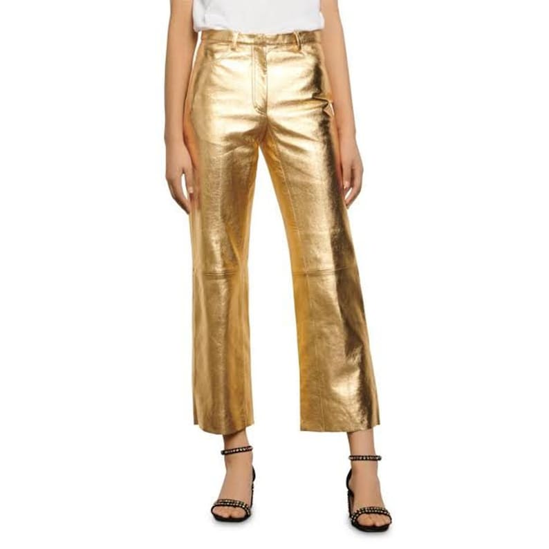 Women's Gold Metallic Foil Effect Straight Leg Genuine Leather Pants
