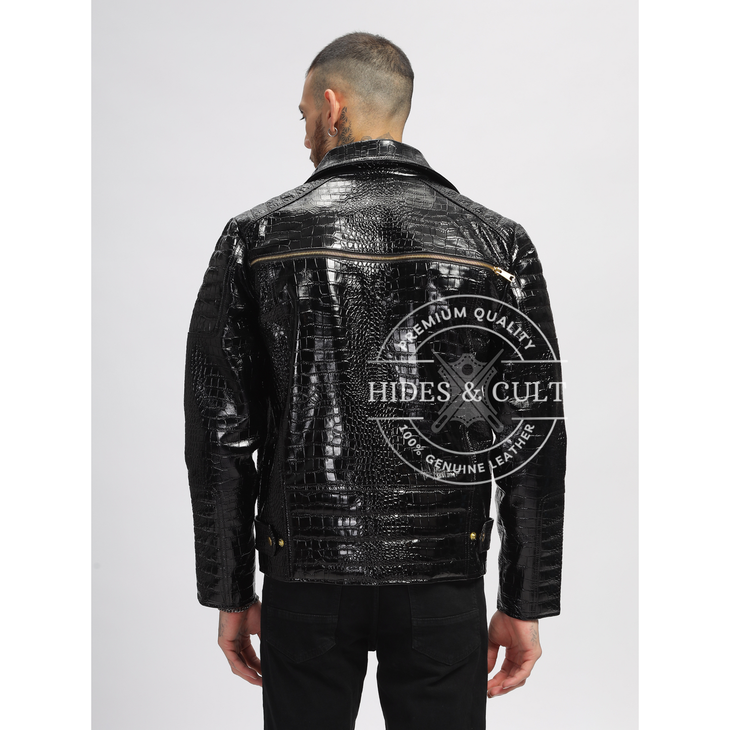 Mens Black Patent Croc Motorcycle Biker Gold Zip Leather Jacket