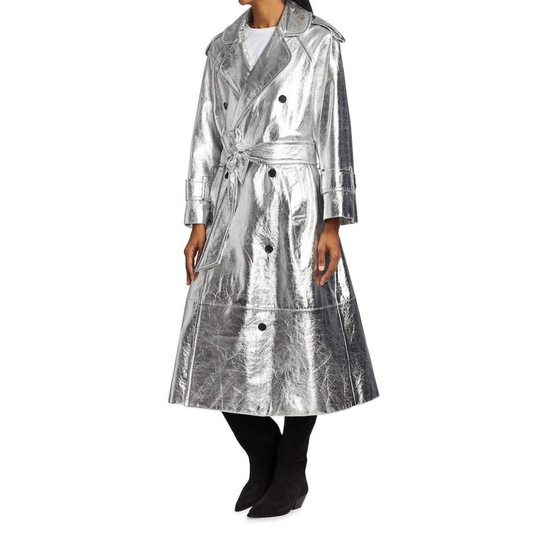 Women's Silver Metallic Foil Effect Double Breasted Real Leather Trench Coat