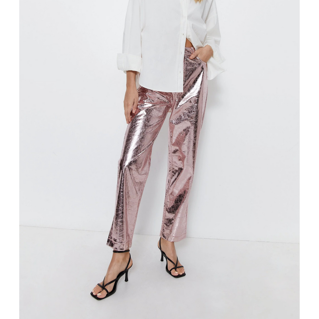Women's Pink Crackle Metallic Foil Straight Leg Western Leather Pants