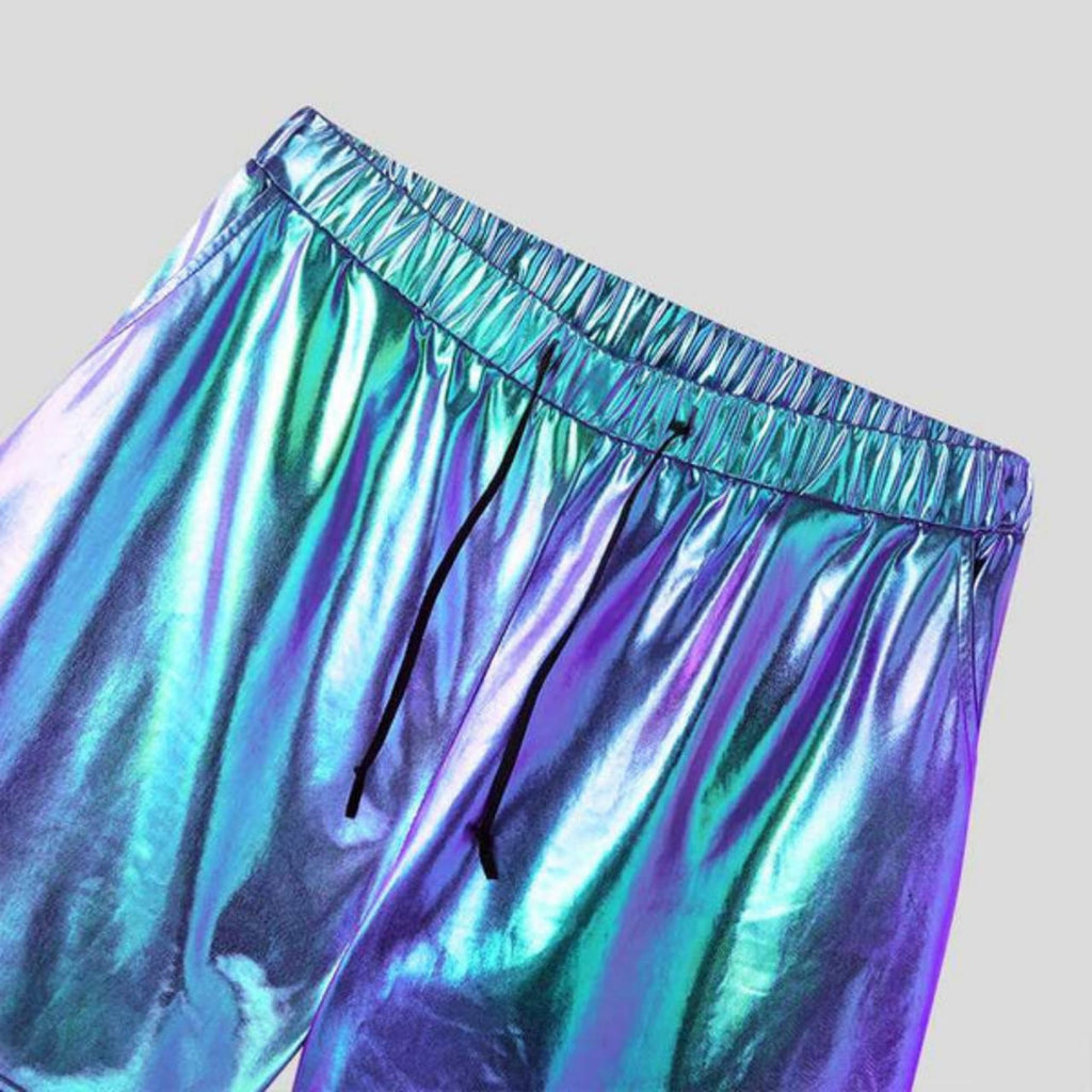 Mens Iridescent Purple Metallic Foil Rave Punk Style Genuine Leather Shorts