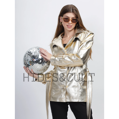 Womens Gold Metallic Foil Effect Belted Short Leather Trench Coat