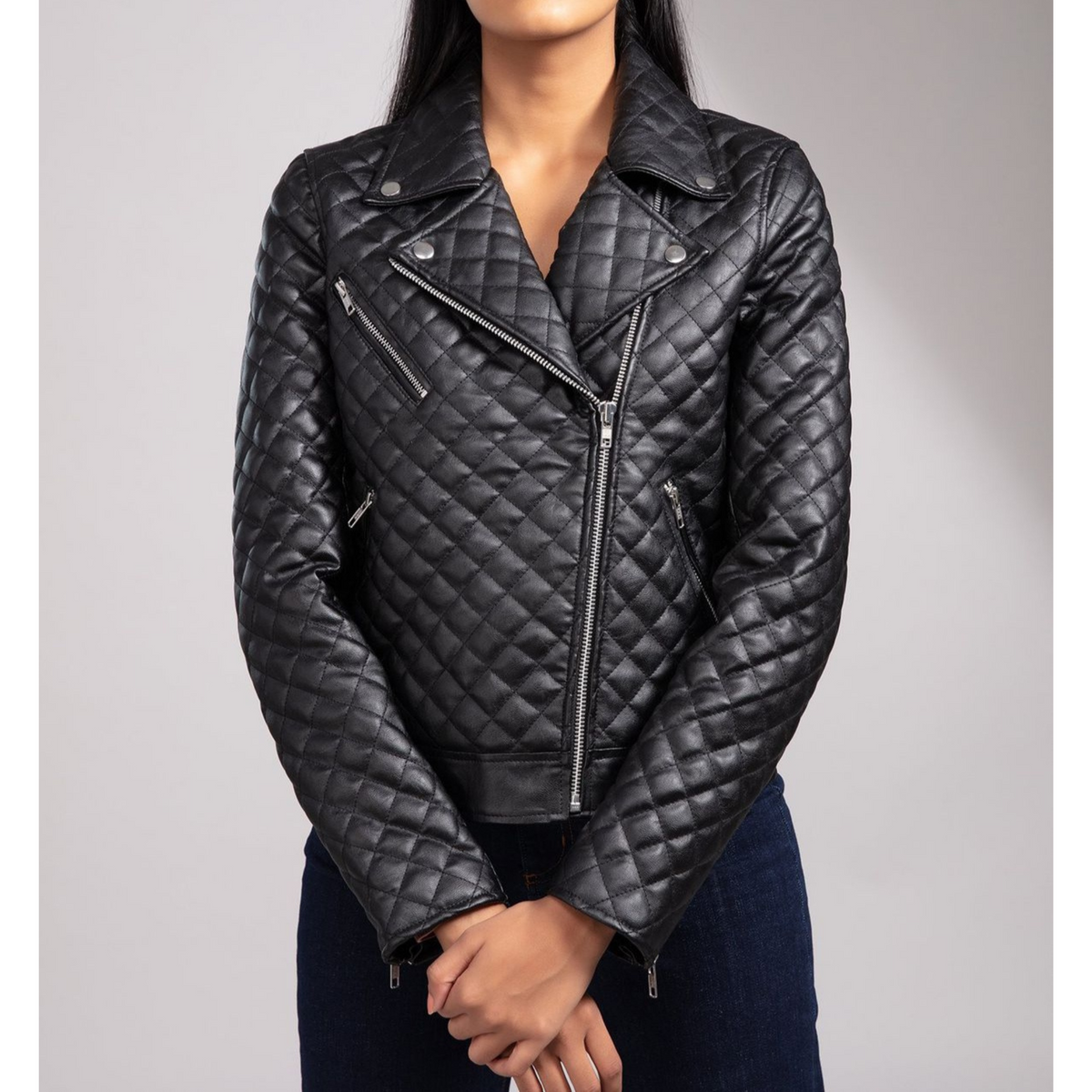 Women's Black Quilted Motorcycle Biker Leather Jacket