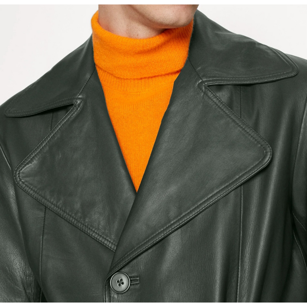 Mens Green Belted Genuine Leather Trench Coat Car Coat  also available in Burgundy Black