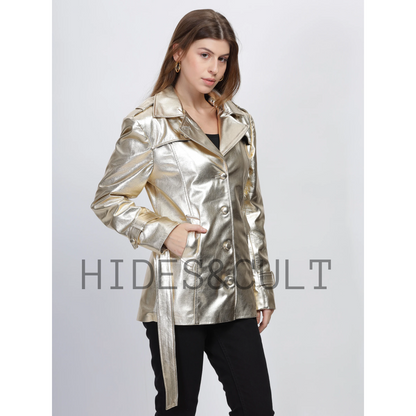 Womens Gold Metallic Foil Effect Belted Short Leather Trench Coat