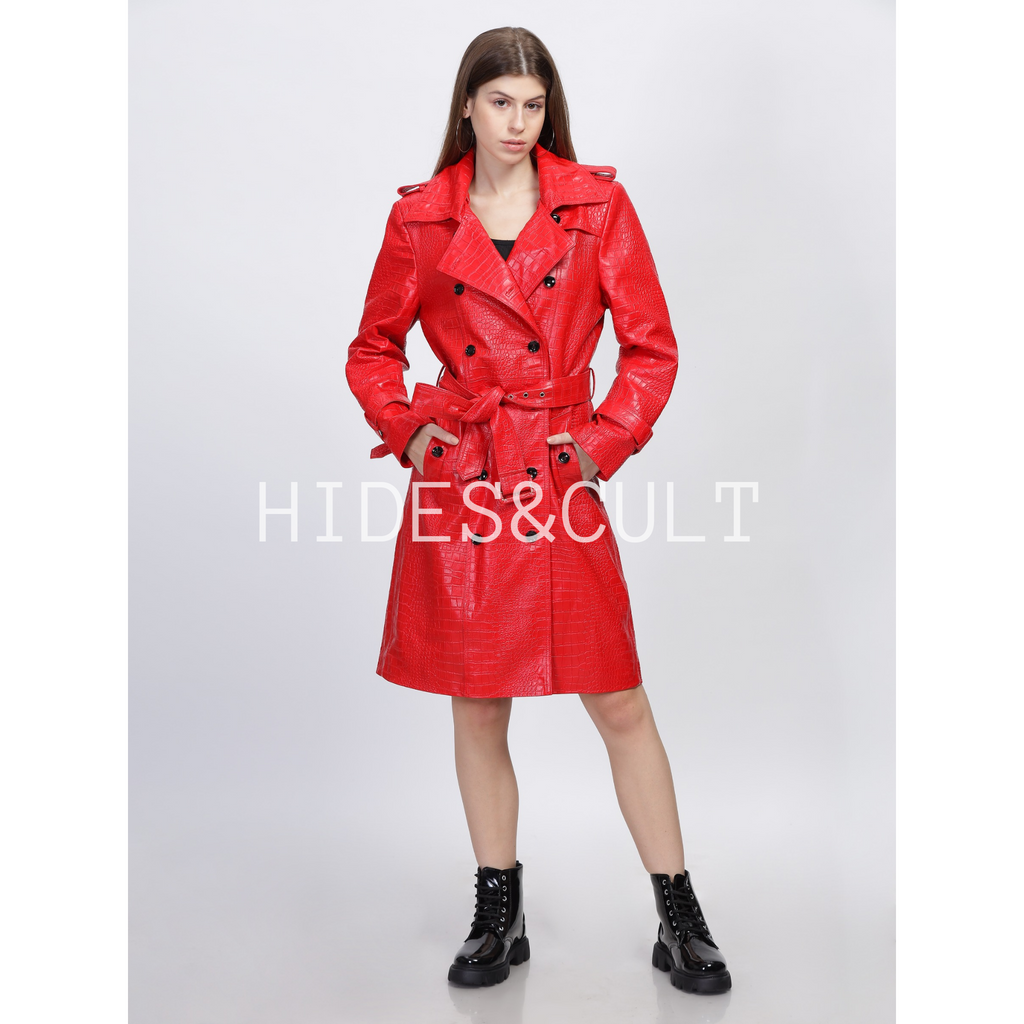 Womens Red Croc Embossed Effect Double Breasted Leather Trench Coat