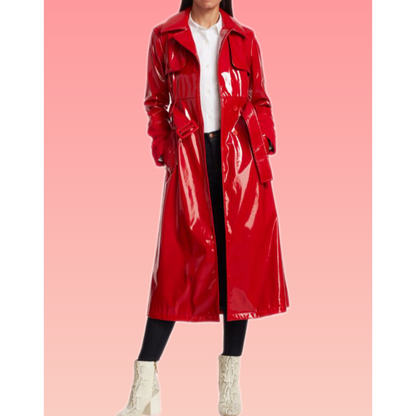 Gal Gadot Red Notice The Bishop Red Patent Leather Trench Coat