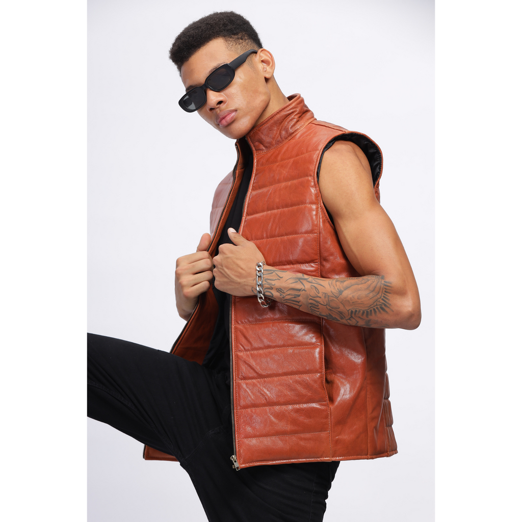 Mens Vintage Crunch Tan Puffer Style Crackle Leather Down Vest Jacket