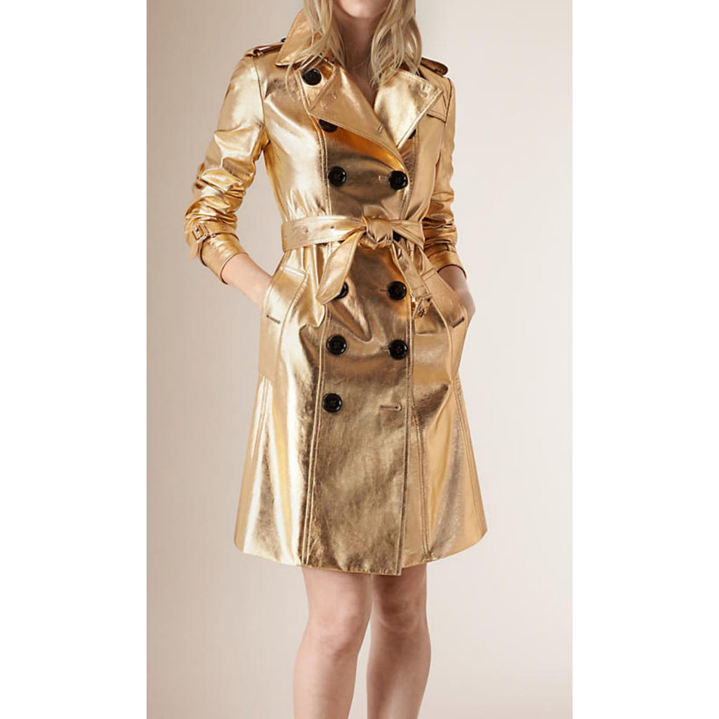 Women's Gold Metallic Foil Effect Double Breasted Real Leather Trench Coat