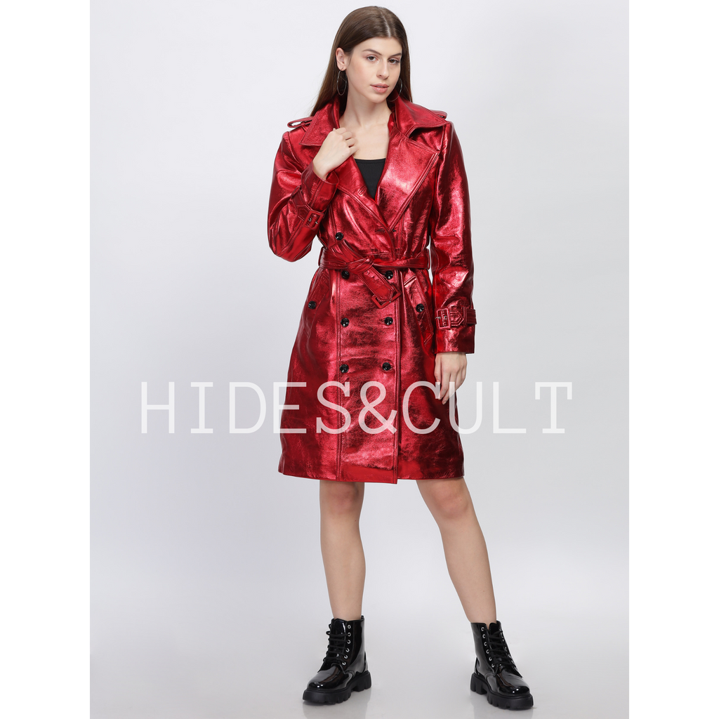 Womens Cherry Red Metallic Foil Effect Double Breasted Belted Leather Trench Coat