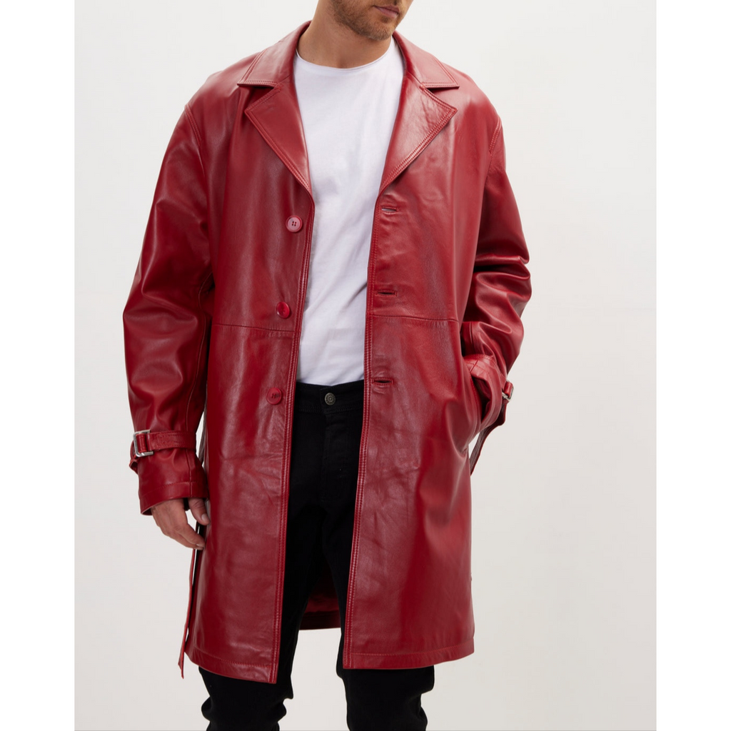 Men's Red Belted Genuine Leather Trench Coat