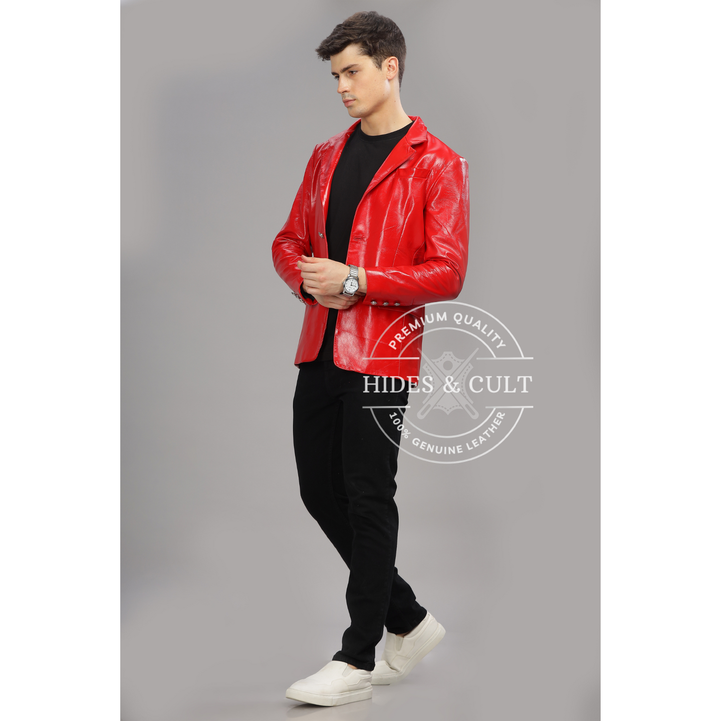 Men's Red Slim Fit Business Leather Blazer