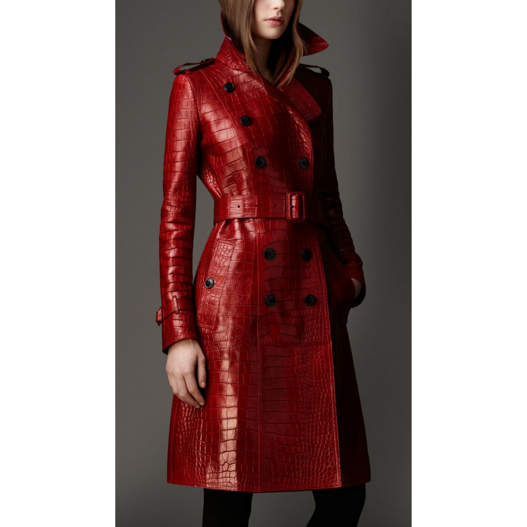 Women's Red Croc Embossed Effect Double Breasted Leather Trench Coat