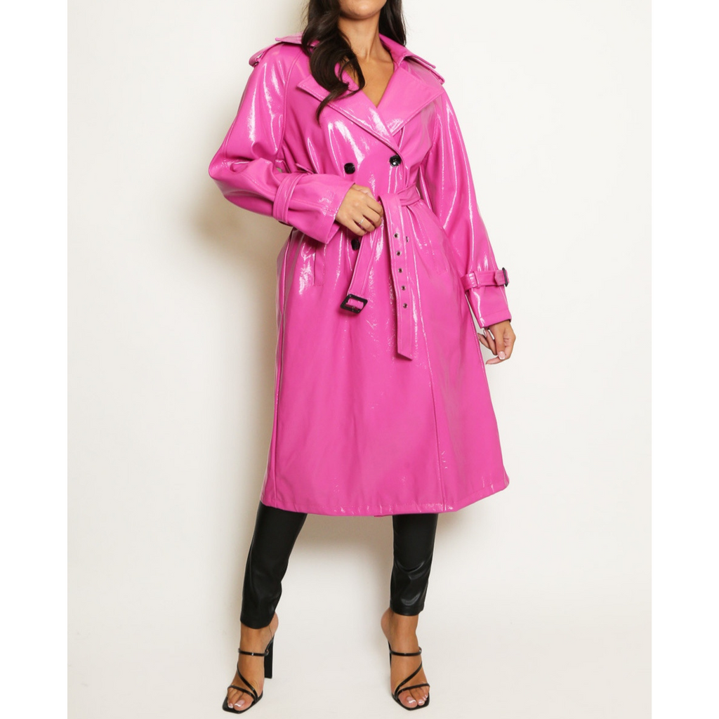 Women's Patent Vinyl Effect Double Breasted Real Leather Trench Coat