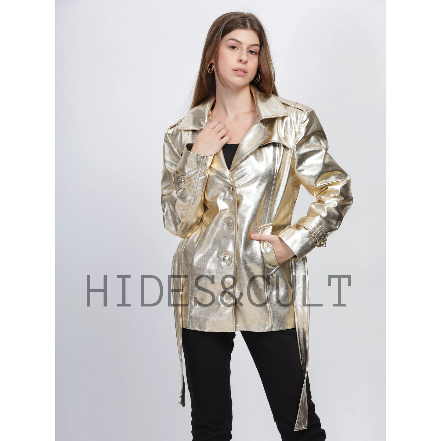 Womens Gold Metallic Foil Effect Belted Short Leather Trench Coat