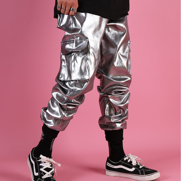 Men's Silver Metallic Foil Cargo Jogger Leather Pants