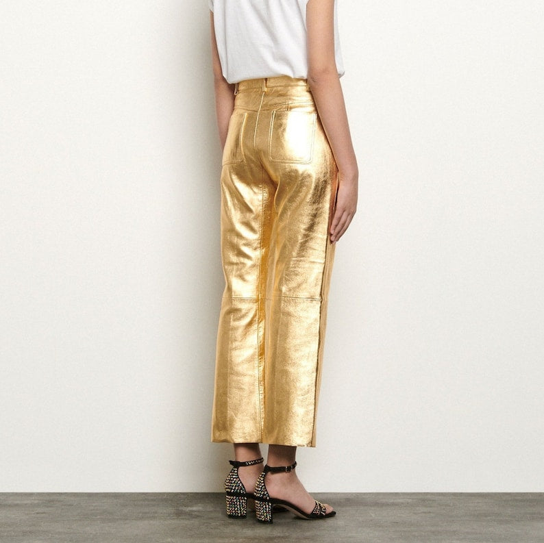 Women's Gold Metallic Foil Effect Straight Leg Genuine Leather Pants