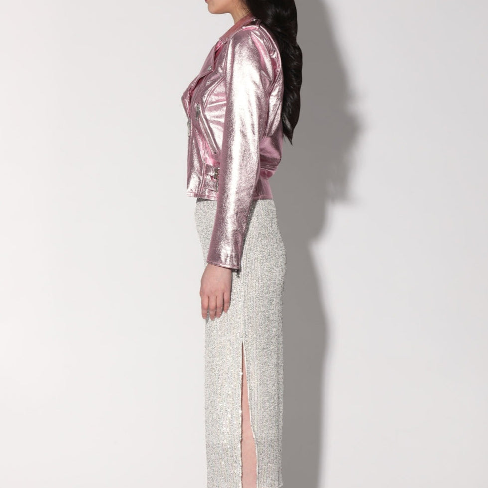 Women's Pink Metallic Foil Motorcycle Biker Belted Leather Jacket